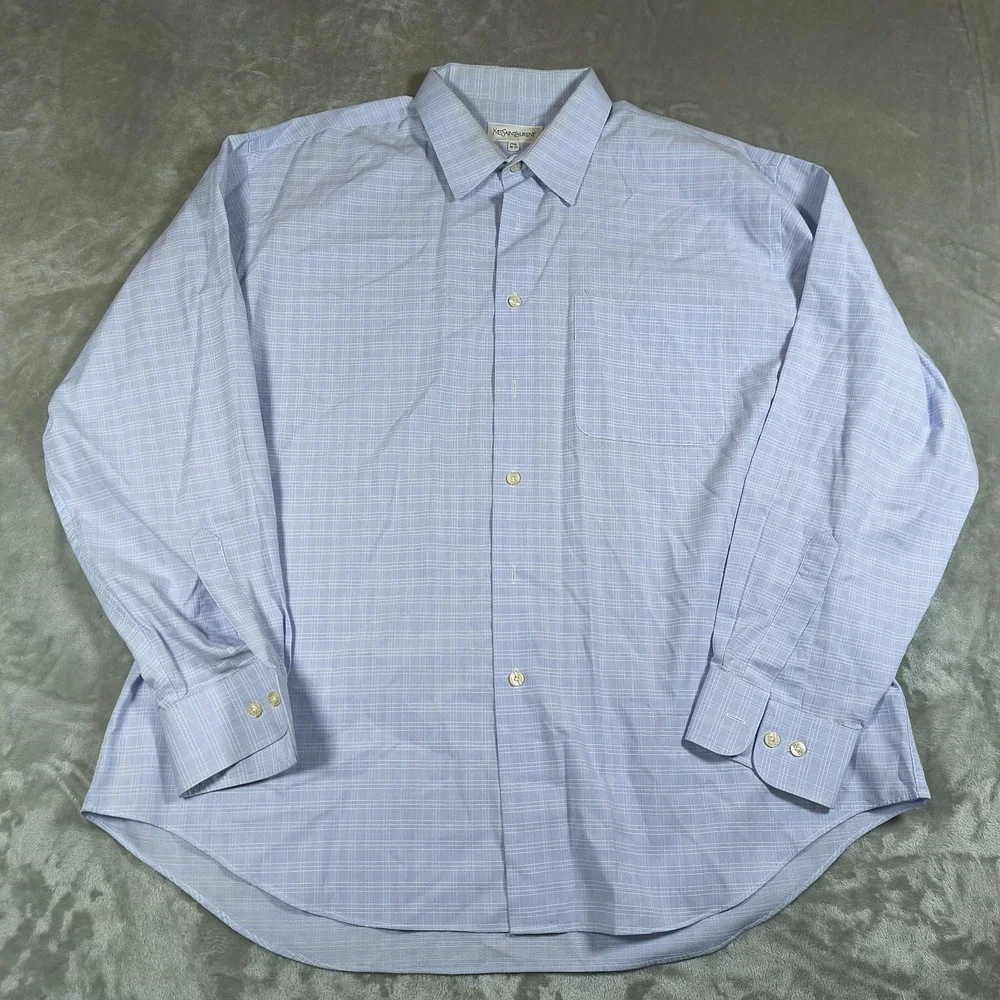 Vintage Yves Saint Laurent‎ Shirt Mens 17.5 Blue Plaid Long Sleeve Button Up USA